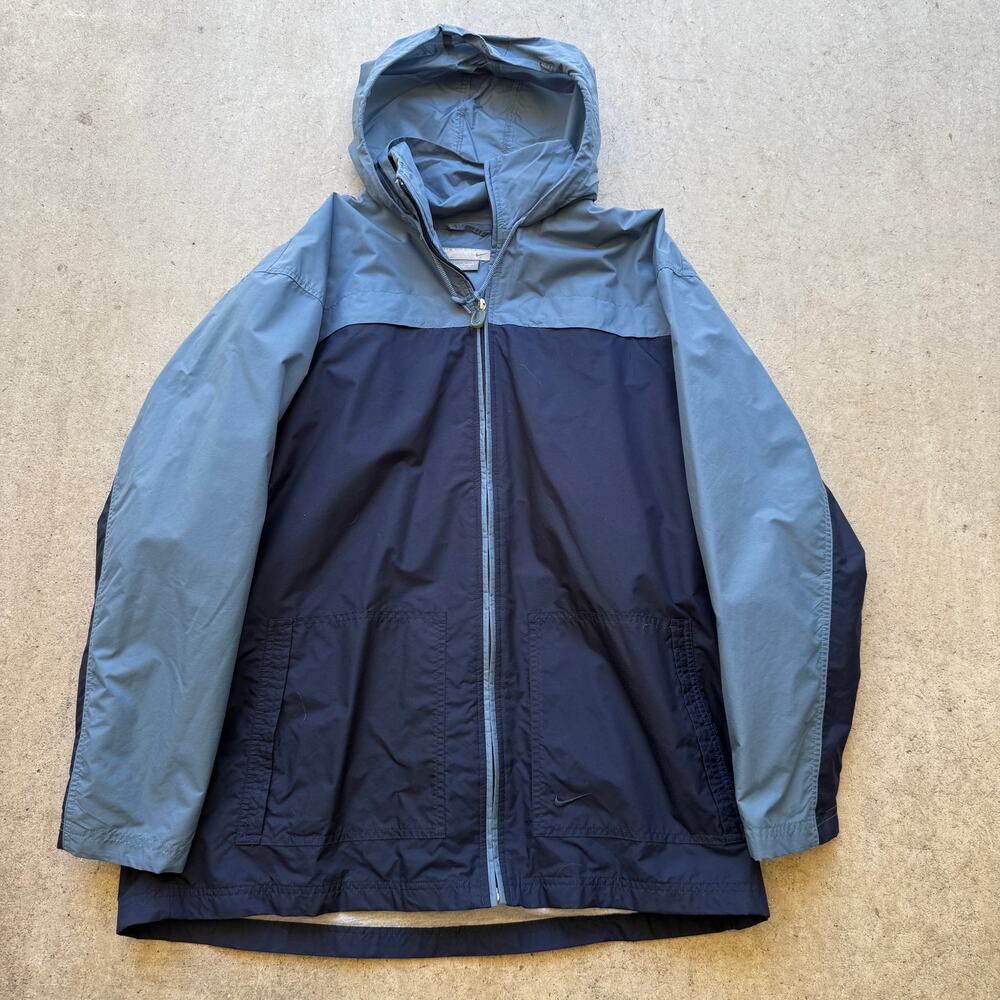 Me's Vintage Nike Two-Tone Blue Hooded Zip Up Windbreaker Parka Jacket Sz Large